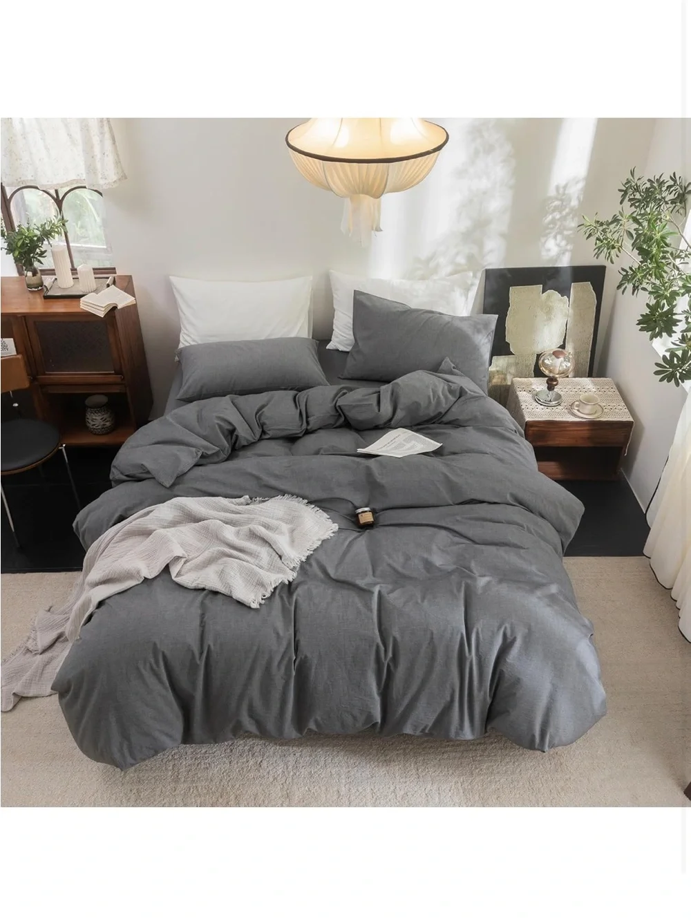 NEW FOSSA Duvet Cover Set 100% Washed Cotton Linen Feel 3 Pieces, Dark Grey King